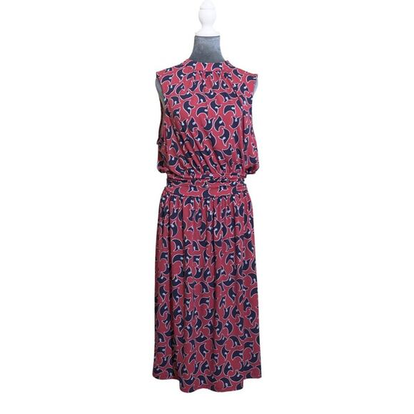 Leota Dresses & Skirts - Leota Mock Neck Stretch Dress Sz L Red Blue 4th of July Colors Geo Print